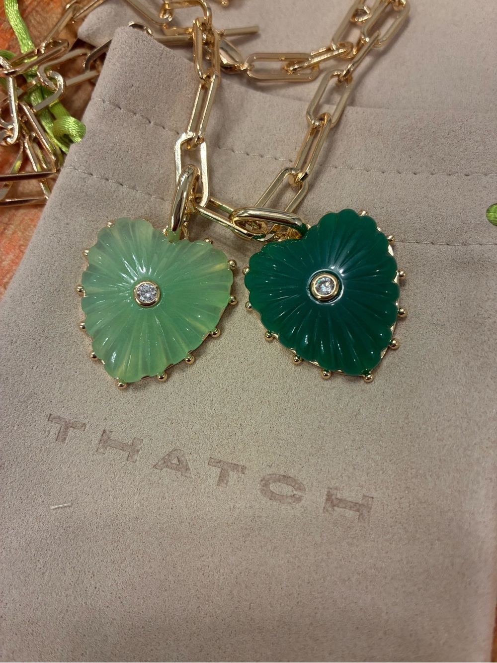 2 Thatch Heart Charms -  Light Green and Dark Green Heart Charms